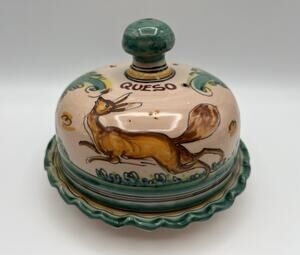 Spanish Art Pottery Covered Lidded Queso Cheese Plate 7” Hand Painted Fox Spain